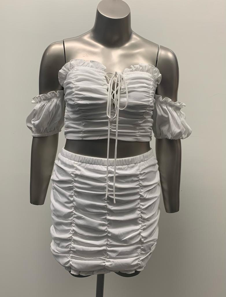 White Ruffle Pleated Mini Skirt and Drawstring Crop Top Ruffled Sleeve Set