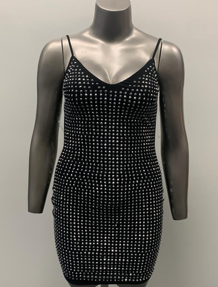 Women's Black Rhinestone Mini Dress