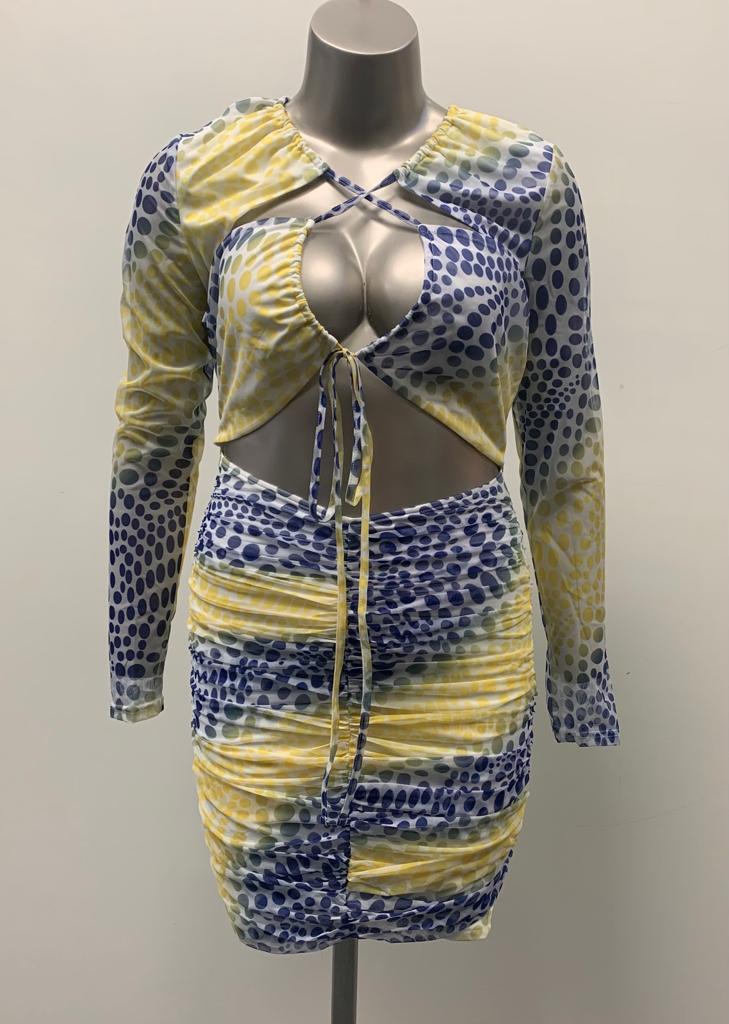 Ombre Blue and Yellow Print Ruched Cut Out Dress