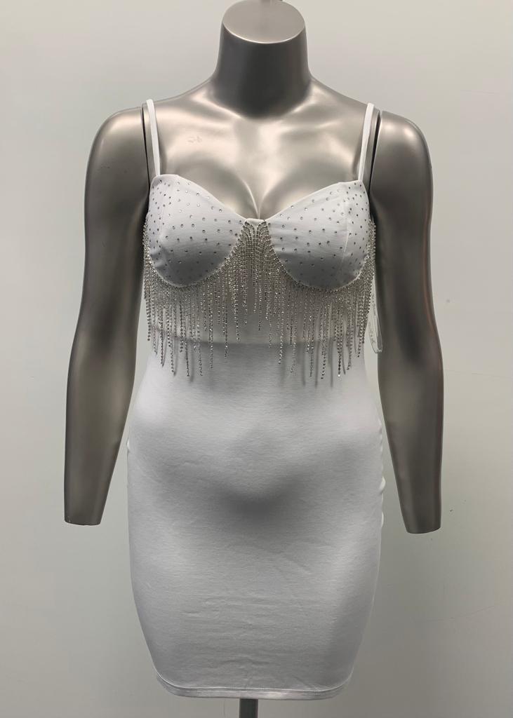 Rhinestone Fringe White Party Dress