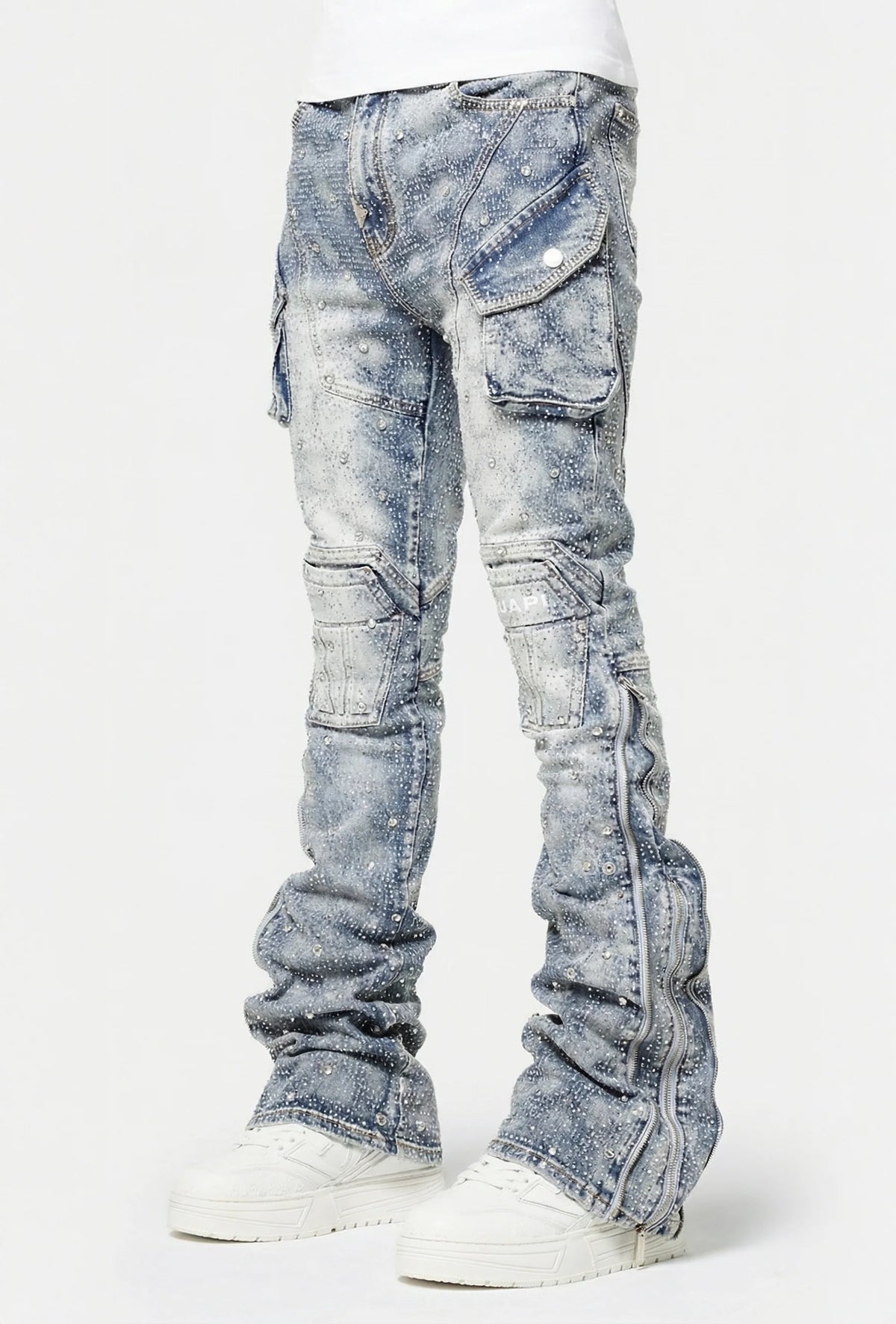 GUAPI JEANS - Aqua Blue Coffin Arc Embellished Denim