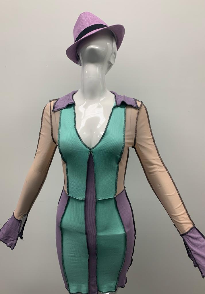 Pastel Block Patchwork Bodycon Collared Dress