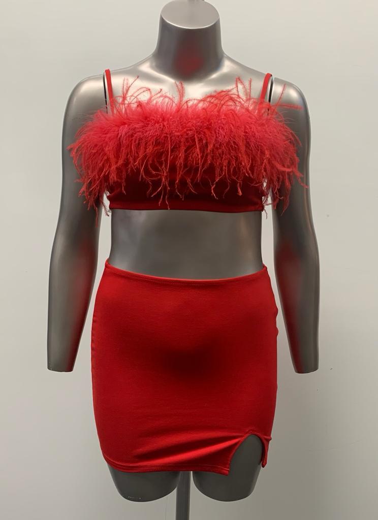Red Feather Trim Skirt Set