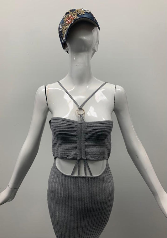 Cut Out Ribbed Midi Dress Grey