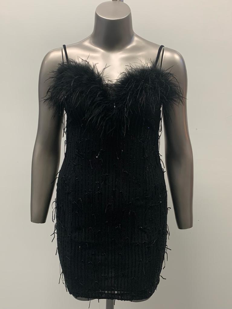 Feather Trim Bodycon Black Mini Dress