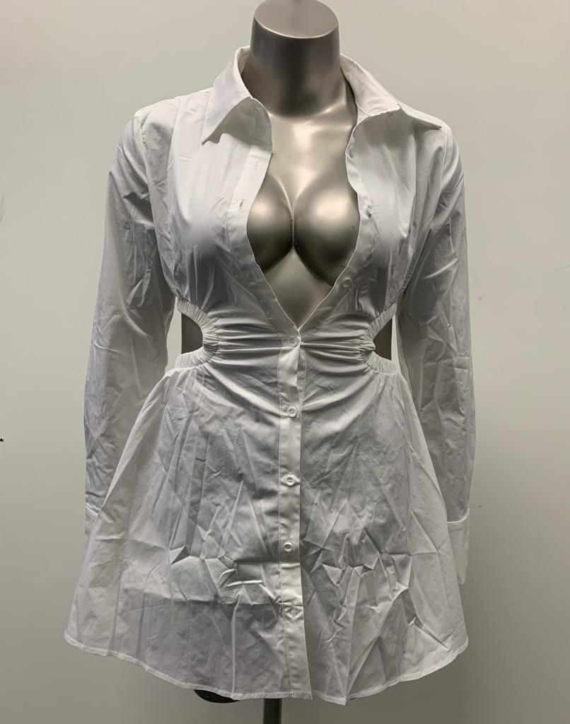 White Ruched Cut Out Shirt Dress
