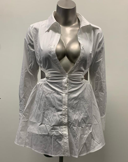 White Ruched Cut Out Shirt Dress