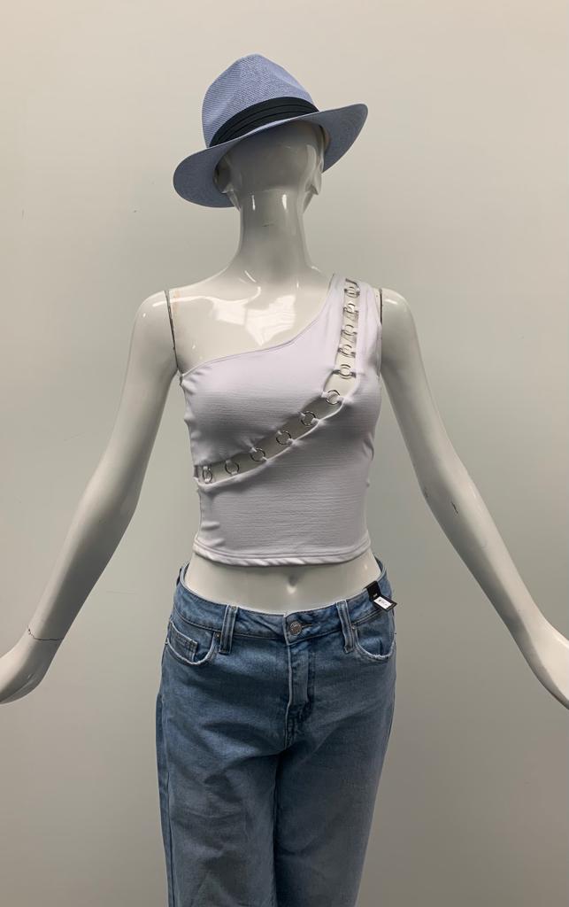 One Shoulder Ring Cut Out White Crop Top