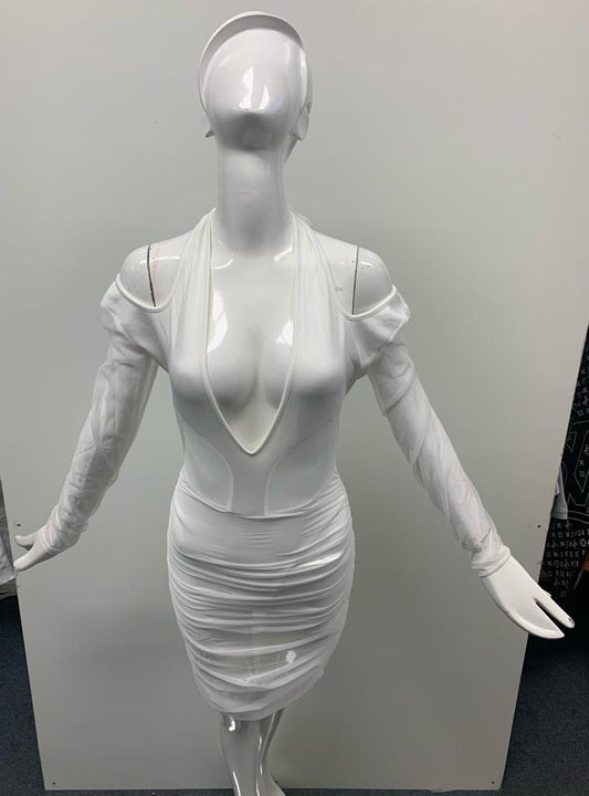 White Ruched Cut Out Summer Dress with Sleeves