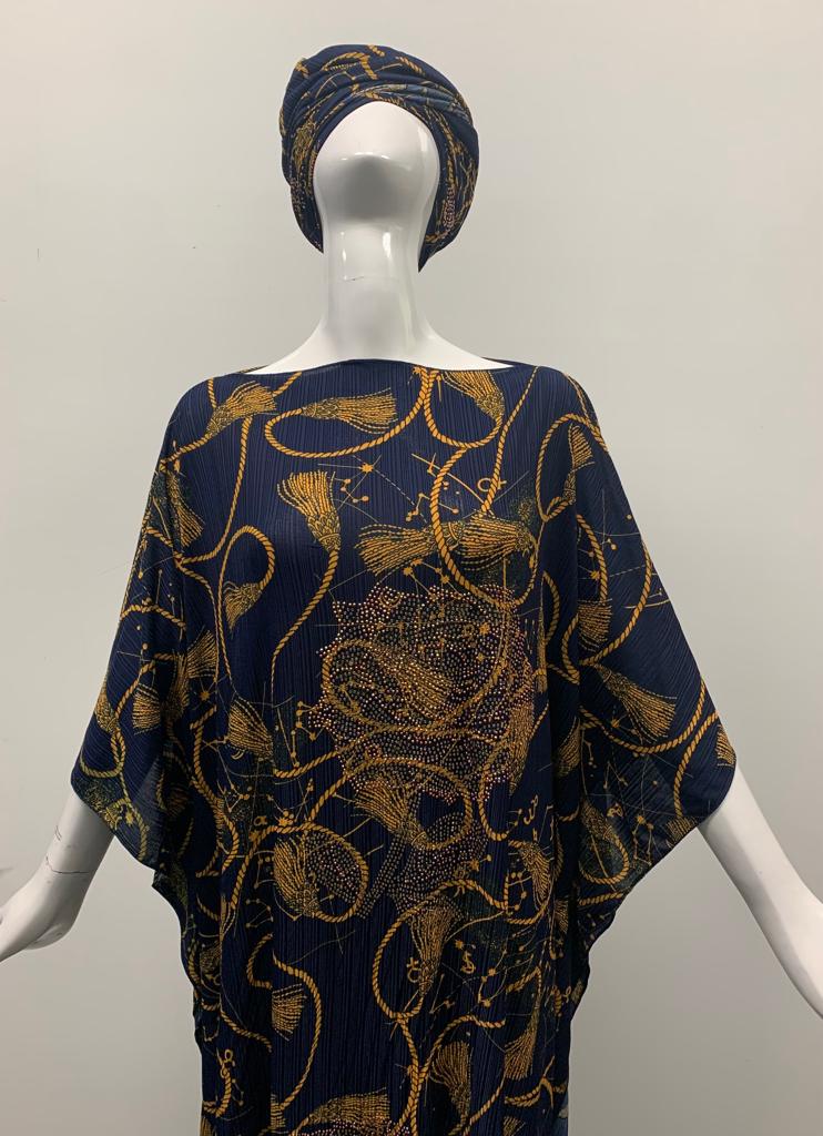 Navy Blue Printed Kaftan Maxi Dress