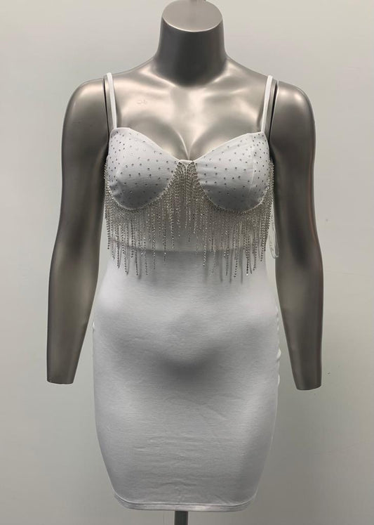 Rhinestone Fringe White Party Dress
