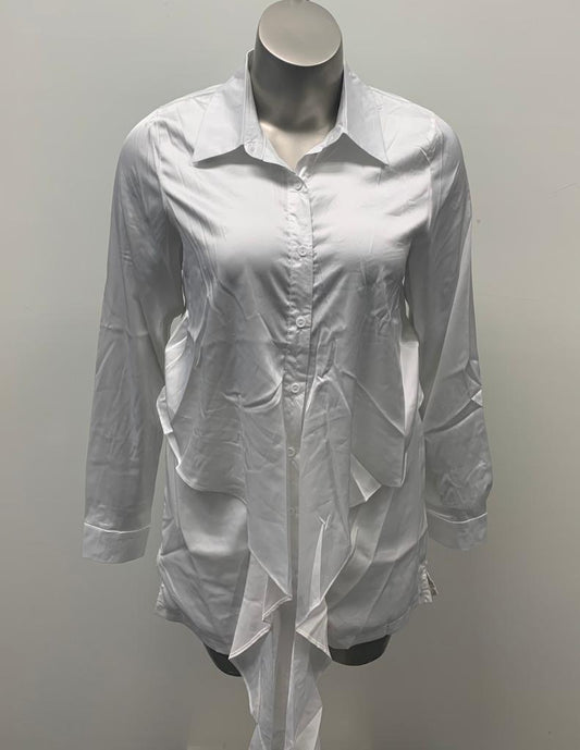 White Ruffle Cotton Long Sleeve Shirt Dress for Summer