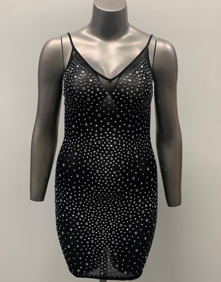 Women's Rhinestone Bodycon Mini Black Dress