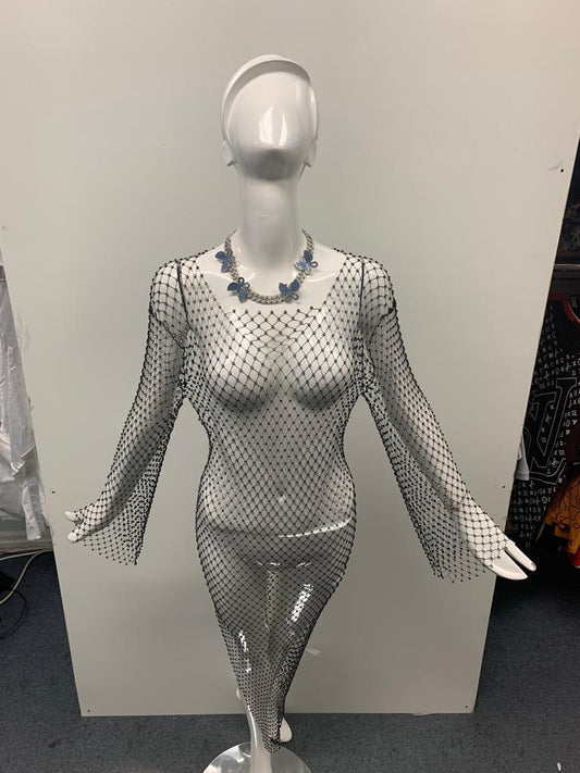 Rhinestone Studded Fishnet Cover Up Dress for Summer