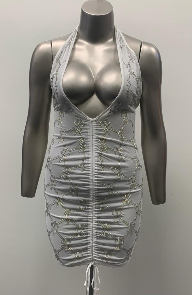 White Bodycon Halter Neck Dress with Rhinestone Details