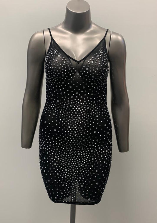 Women's Rhinestone Bodycon Mini Black Dress