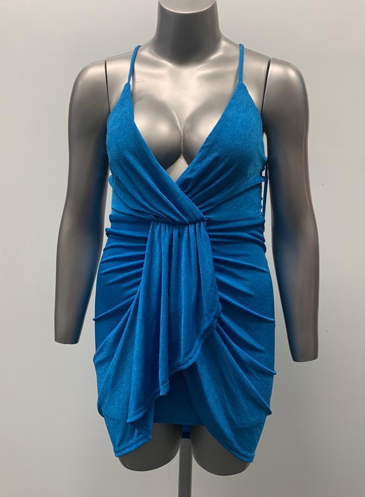 Sky Blue Spaghetti Strap Dress with Drape Front