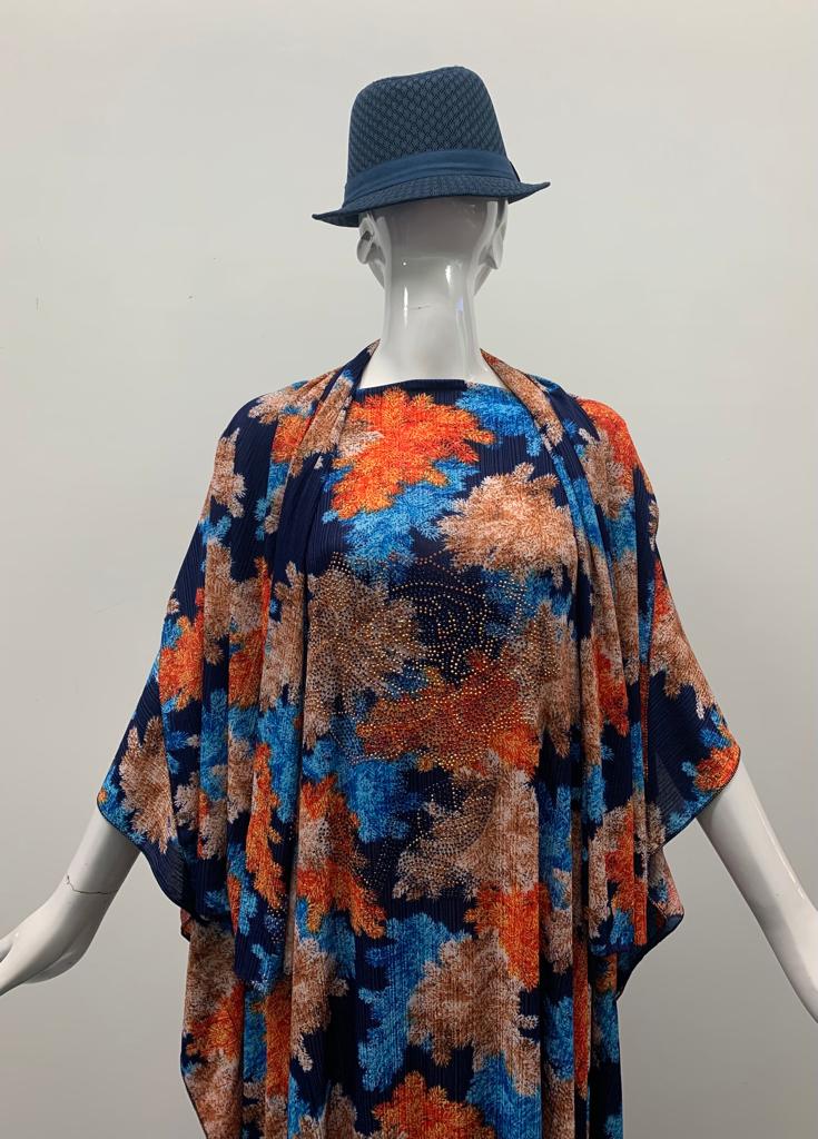 Blue and Orange Floral Printed Kaftan Maxi Dress