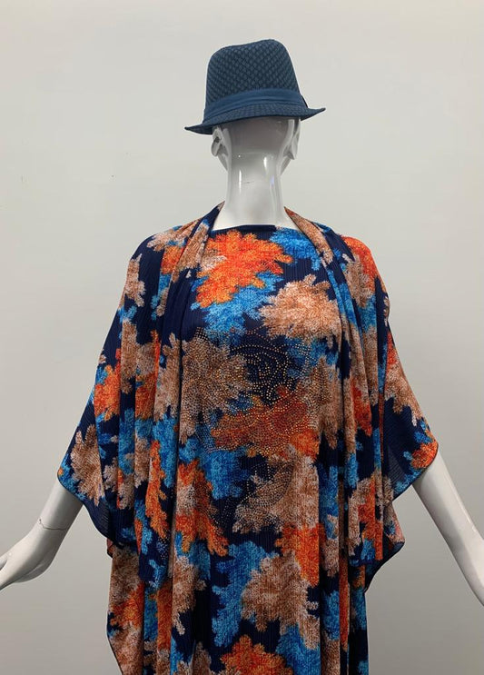 Blue and Orange Floral Printed Kaftan Maxi Dress