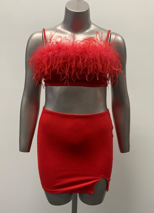 Red Feather Trim Skirt Set