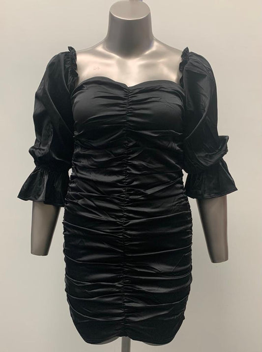 Black Ruched Dress with Ruffled Sleeves for Summer