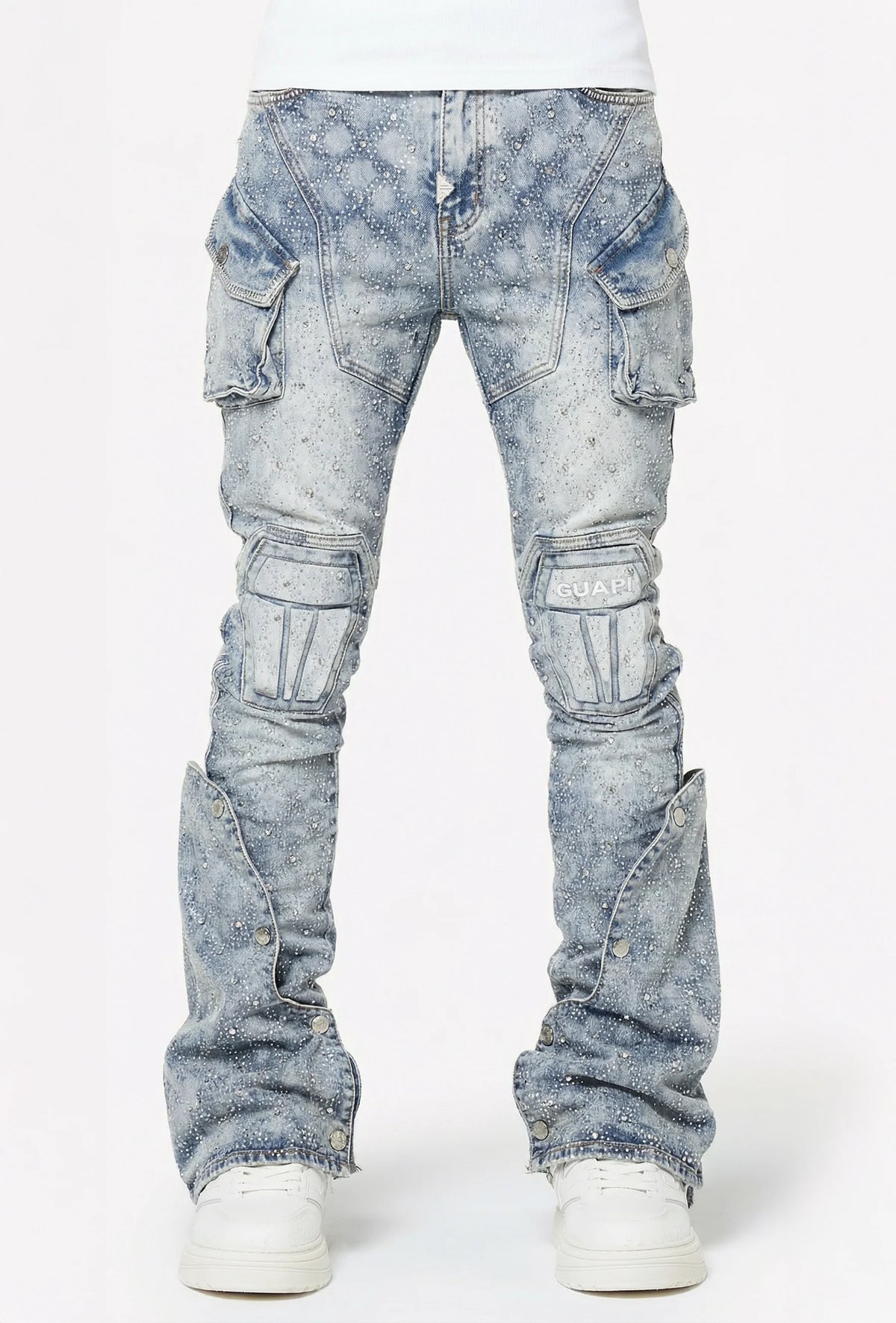 GUAPI JEANS - Aqua Blue Coffin Arc Embellished Denim